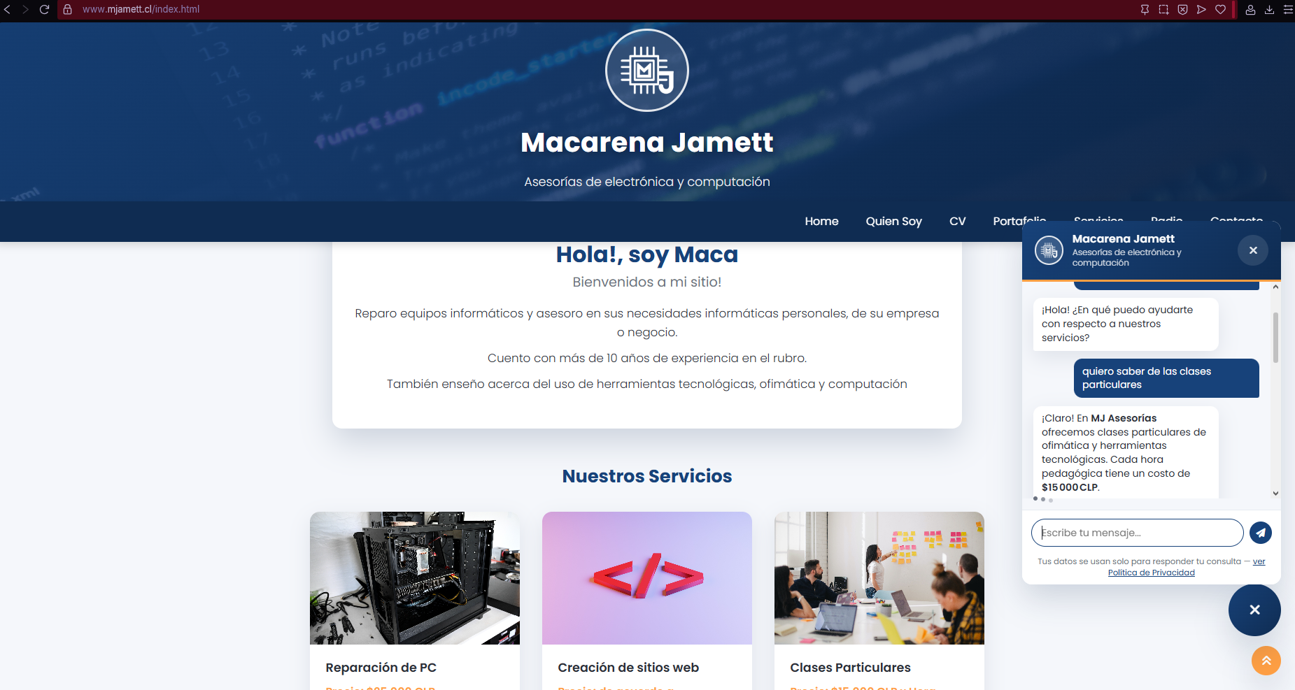 Vista previa del chatbot en mjamett.cl